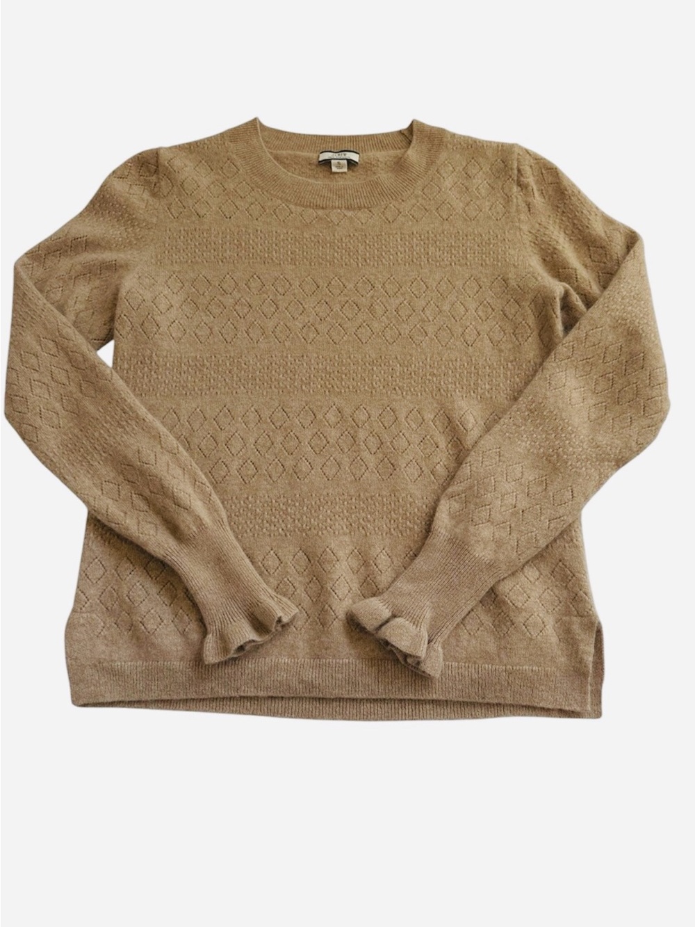 J.Crew 100% Cashmere Camel Pointelle Diamond Knit Ruffle Cuff Sweater S - Picture 2 of 11